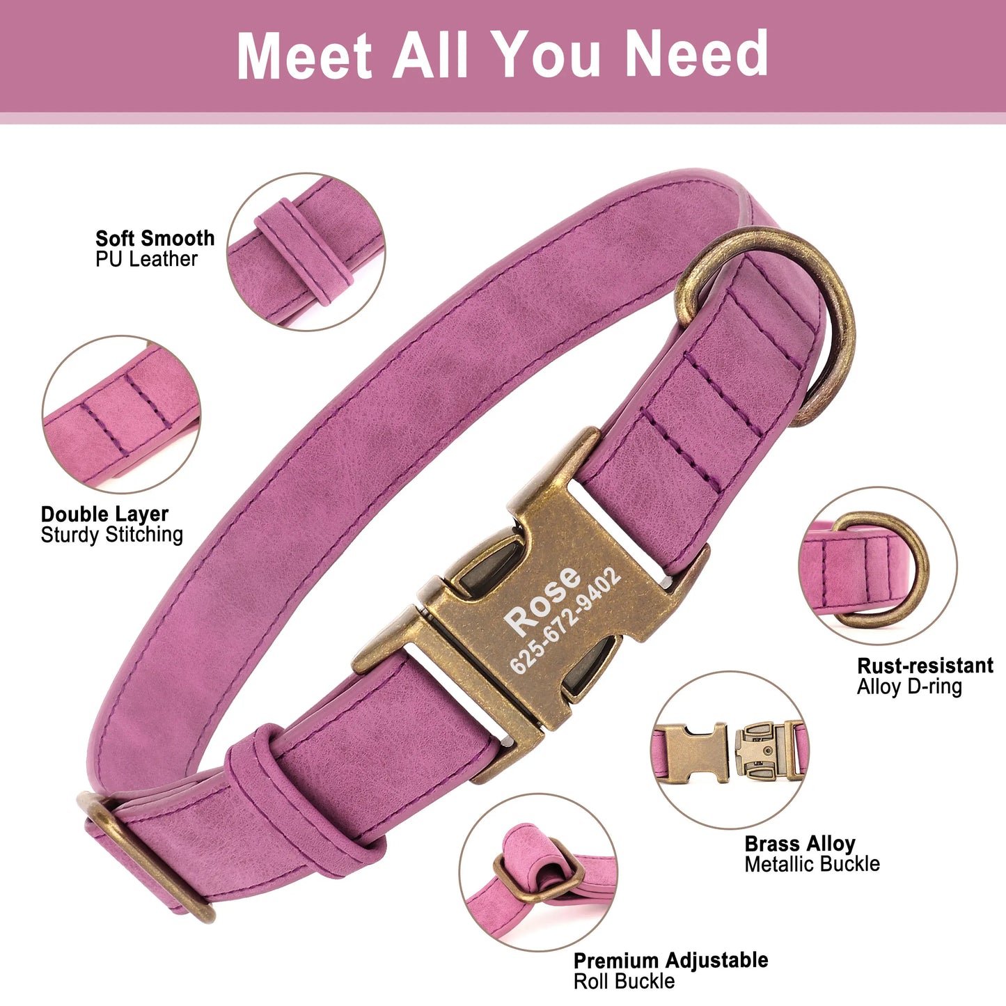 Personalized Anti-Lost Dog Collar Custom Dog ID Tag Collars Soft Pu Leather Pet Collars Free Engraved Metal Buckle for Bulldog