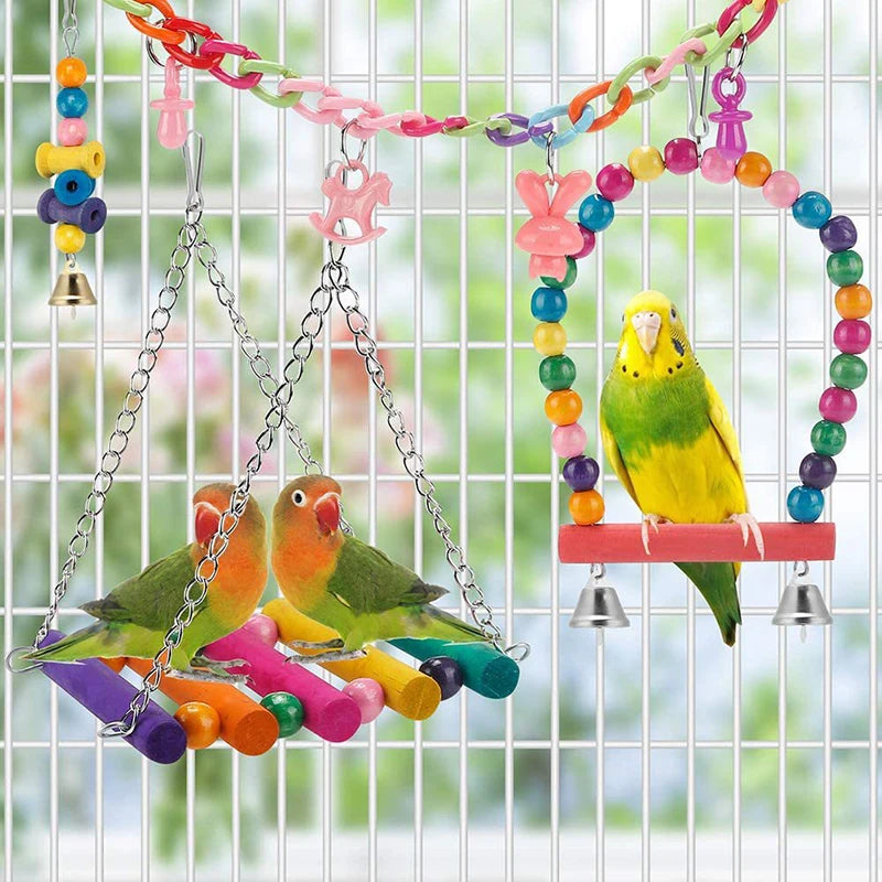 Bird Cage Toys for Parrots Wood Birds Swing Reliable Chewable Bite Bridge Wooden Beads Shape Parrot Toy 11Pcs Bird Toys